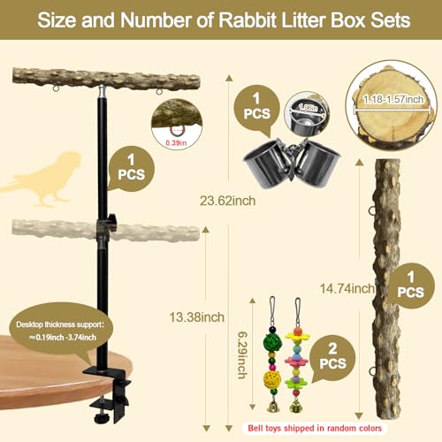Image of 18-27 Inch Height Adjustable Bird Perch Pepper Wood Desktop Bird Training Perch Stand with Feeding Cups and Swing Toy Parakeet Perches Indoor and Outdoor Parrot Stand for Small to Medium Birds