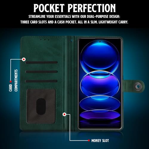 Image of WOW IMAGINE Shock Proof Flip Cover Back Case for Redmi Note 12 Pro 5G (Magnetic Button Flip Case | Wallet Pockets & Stand | Leather Finish | Forest Green)