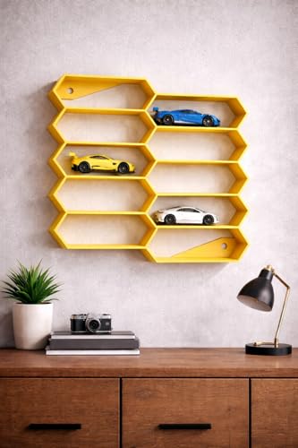 Image of 10-Car Hexagon Wall Rack Compatible with Hot Wheels Stand & 1:64 Die-Cast Cars | Stackable Wall Display Organizer with Side Guards & Screw Slot|Home & Office Decor (NO CAR INCLUDED)(Yellow)