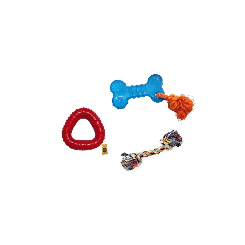 The Pets Company Rubber Dog Chew Toy Combo ( TPR Dog Bone 6" + Cotton Rope Bone 6"+ Triangle Dog Toy 5") | Teething Toys for Medium & Small Dogs (B0BMLF4228) Amazon Price History, Amazon Price Tracker