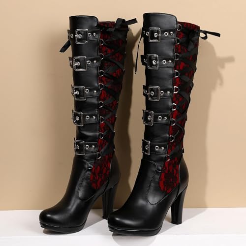 Lace Punk Knee High Boots for Women Back Zipper High-Heeled Combat Boots Buckle Block Heel Lace-up Black Goth Boots3