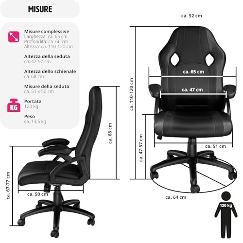 ® Sedia da Ufficio Ergonomica, Poltrona Gaming con Altezza Regolabile, Struttura Robusta, Rotazione a 360 Gradi, Meccanismo Basculante, 5 Rotelle Doppie - Nero - Sedia gaming - Immagine 2