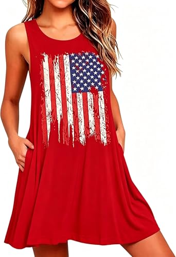 Image of Roshop Womens Juneteenth Flag Sleeveless Dress 4th of July Patriotic Swing Sundress with Pockets