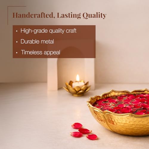 Image of Hammered Golden Lotus Urli Bowl with Royal Elephant Art | Decorative Metal Pooja Urli for Floating Flowers, Festive Decor & Centerpieces | Scalloped Edge Lotus Design
