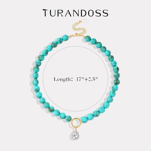 Turandoss Turquoise Beaded Necklace for Women, CZ Choker Pendant — view 4