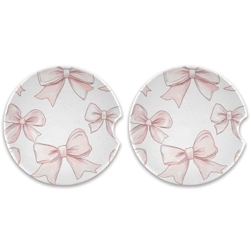 SKYSHU Bow - Juego de 2 posavasos redondos para automóvil, color rosa, para bebidas, con base de corcho y agarre para la punta de los dedos para una fácil limpieza en movimiento, 6,5 cm