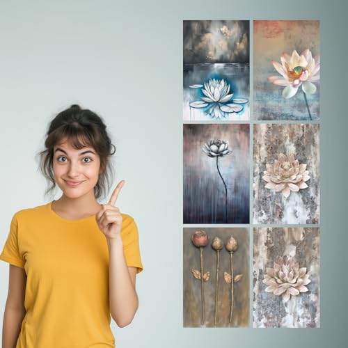 Image of SiddArtify Serene Lotus Flower Art Print Set - Teal Grey and Rose Gold - 300GSM Board - 8x12 Inch - Pack of 6 Wall Room Decoration art Poster Prints