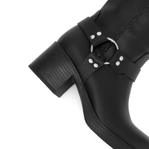 Image of Women's Knee High Riding Boots Chunky Heel Wide Calf Motorcycle Boots with Side Zipper