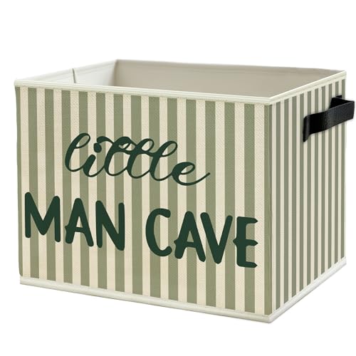 Image of Little Man Cave Boys Storage Bins Box with Handles, Green Stripe Boho Collapsible Basket Organizer for Kids Boys Playroom Nursery Room Bedroom Bathroom Books Clothes