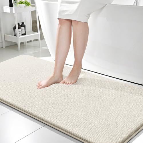 Image of OLANLY Thick Memory Foam Bathroom Runner Rugs 59x24, Extra Soft Absorbent Long Bath Rug, Quick Dry Bath Mats, Non-Slip, Machine Washable Mat for Bathroom, Tub and Shower, Home Decor Accessories, Ivory
