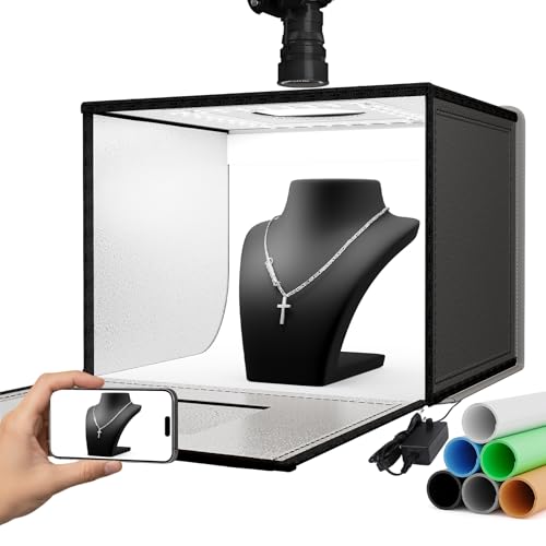 RALENO Caja de luz para fotografía, caja de fotos portátil de 16 x 12 pulgadas, kit de tienda de campaña de tiro (CRI95 | 112 LED | brillo ajustable de 24 W | 6 telones de fondo) para productos de