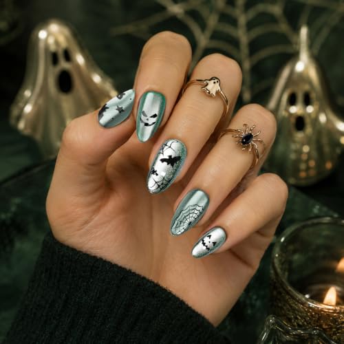 Halloween Cat Eye Press on Nails Short Almond, Spider Ghost, 32 Pcs - image 7