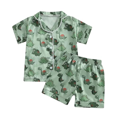 MAINESAKA Toddler Baby Girl Boy Satin Pajama Set Dinosuar Button Down Pajamas Short Sleeve Top And Shorts 2Pcs Pjs Sleepwear (D-Green, 6-7 Years)