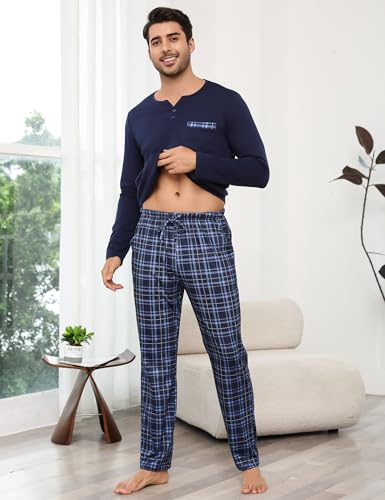 Bresdk Schlafanzug Herren Pyjama Set Lang Baumwolle Winter Nachtwäsche Männer Blau L