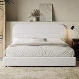 HOMBCK Queen Size Boucle Bed Frame, Upholstered Bed Frame Queen Size with Headboard, Soft Cloud Bed with Thickened Footboard, Rounded Corners, No Box Spring Needed, Easy Assembly, White