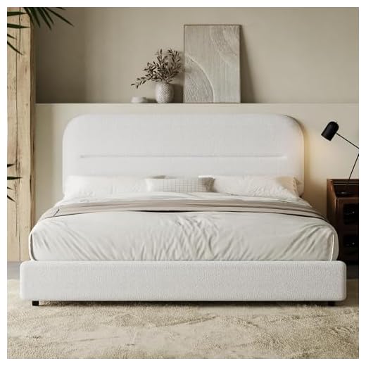 Queen Size Boucle Bed Frame, Upholstered Bed Frame Queen Size with Headboard, Soft Cloud Bed with Thickened Footboard, Rounded Corners, No Box Spring Needed, Easy Assembly, White