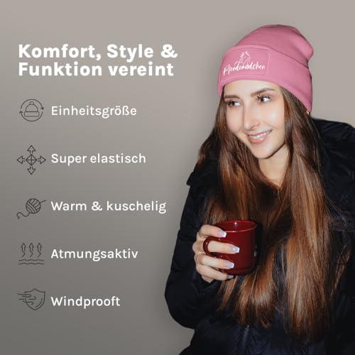 Prozente Momente Pferdemädchen – lustige Wintermütze | Beanie für Damen & Herren, warm, elastisch & Unisex, Strickmütze mit Patch & Druck, perfekt für Après-Ski, Weihnachtsmarkt & Fasching | Rosa