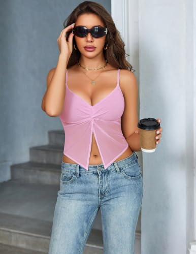 Avidlove Women's Mesh V-Neck Twist Cami Tops Y2K Sexy Crop Tank Top Summer Going Out Tops Pink — view 5