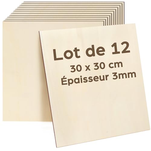 LotFancy Lot de 12 Plaques de Contreplaqué 3mm Tilleul, 300 x 300mm, Planche en Bois Brut Panneau Feuille Découpe Laser, pour Bricolage Pyrogravure Gavure...