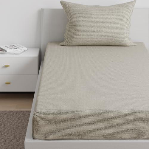 Image of Wakefit 100% Cotton 160 TC Fitted Bedsheet with 1 Pillow Cover | Dune Single, 72 inch x 36 inch, Dune | 1.83m x 91cm