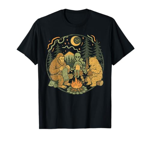 Campfire Knitting Friends Retro Bigfoot Alien Bear Knitting T-Shirt