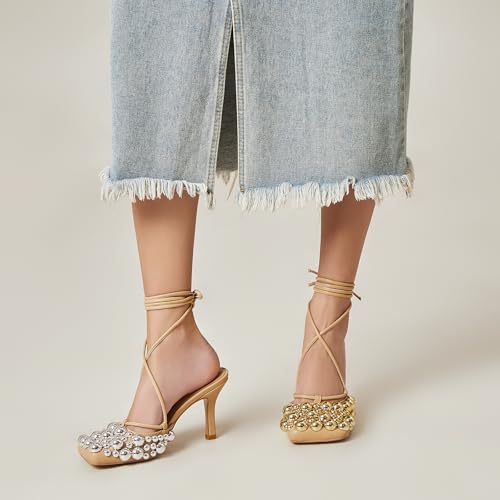 Image of Saint Leia Women's 4IN High Heel Sandals Nude Stiletto Pumps with Gold Silver Pearls Heels for Weddings Parties and Evening Wear