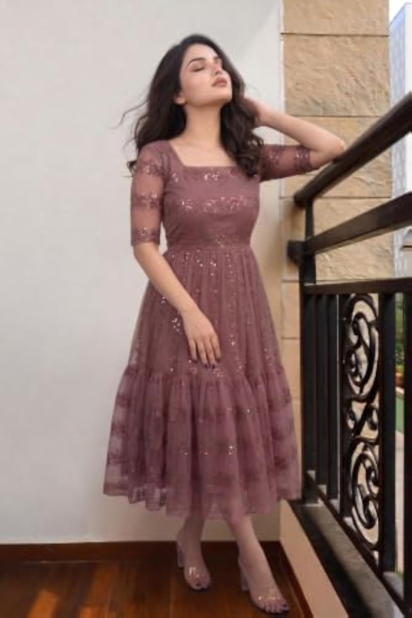 Women's Brown Net Embroidered A-Line Dress