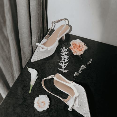 Image of Mattiventon White Kitten Heels with Bow Closed Toe Slingback Heels