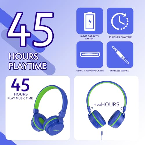 Image of Kids Bluetooth Headphones,Lightweight Kids Headphones Wireless,85 /94dB Safe Volume,40H Playtime,Fast Charging,Bluetooth 5.3,Over Ear,Toddler Headphone Built-in Mic for School /Tablet /Travel (Blue)