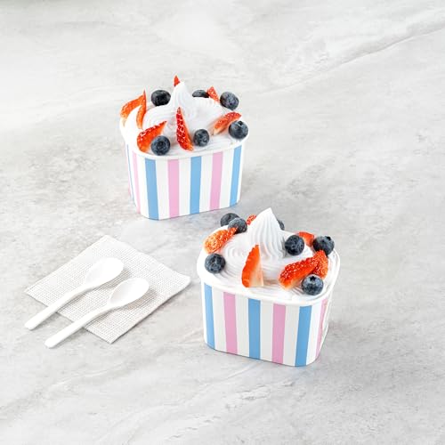 Image of Restaurantware Paper Cups 50 Count 12 Ounce Square Disposable Ice Cream Containers, Leak-Resistant Paper Dessert To Go Cups, Hot And Cold Food, Durable Pink And Blue Stripe Design