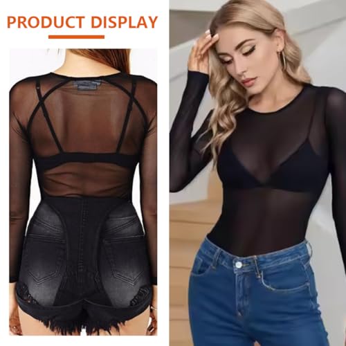 KEQAR Sexy Camiseta de Rejilla Mujer Transparente Mesh Sheer Top con Cuello Redondo para Clubwear, Fiestas y Looks Diarios - Material Suave y Transpirable para Comodidad y Estilo (Negro)