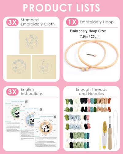 Image of TINDTOP Punch Needle Kits, Panda Punch Embroidery Kits for Adults | 3 Sets, Tool with Punch Needle Fabric, Hoops, Yarns and Sewing Needles