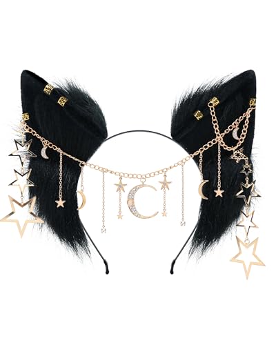 BNLIDES Handmade Furry Animal Ears Headwear Realistic Plush Adult Cosplay Accessory for Party Anime and Convention Dress-Up (Galaxy Black)