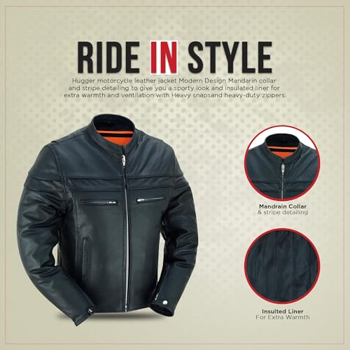 Hugger Men’s Motorcycle Leather Jacket With stand collar Biker Café jacket with Concealment Armory Pockets4