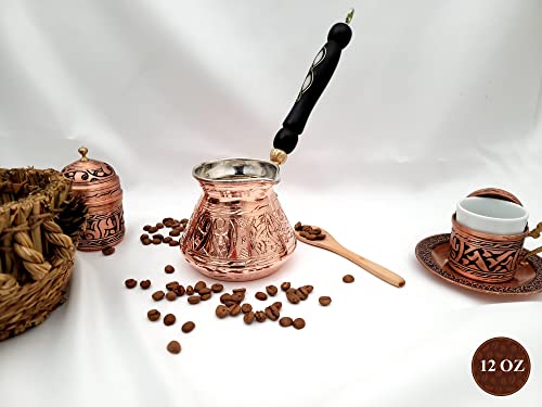 Erbulus 12 Oz Copper Turkish Greek Arabic Coffee Pot With Fortune App And Wooden Handle (4 Cups), Cezve Turkish Coffee Pot, Ibrik, Briki Greek Coffee Pot, Hammered Turkish Coffee Maker #TOP2