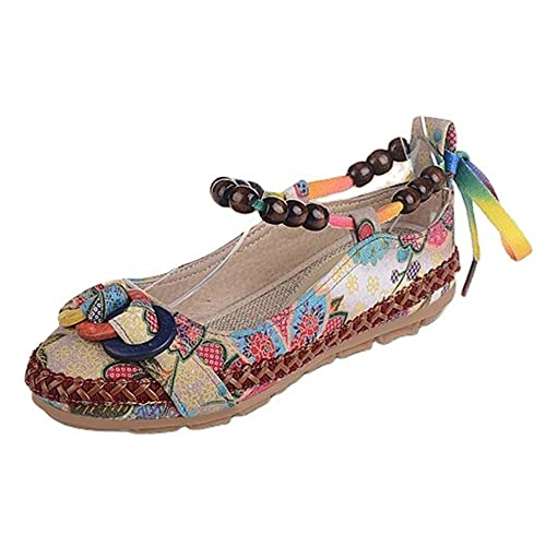 TangDao Women's Retro Women Ethnic Beading Round Toe Floral Embroidered Shoes Women Lace Up Casual Ballet Flats Shoes