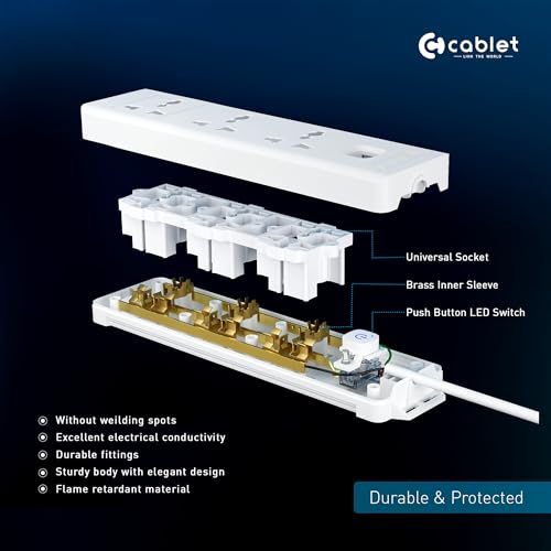 Image of Cablet Extension Board 1.8 Meter Cable, 2500W 10A, 3 Universal Multi Plug Socket, Master Switch, 1.8 Mtr Heavy Duty Cord, LED Indicator, Power Strip for Home Office