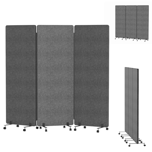 Soundproof Room Divider Panel with Wheels, 66in Portable Office Partition Screen, 3 Panel Temporary Wall Divider for Sound Proof Separation, Cubicle Privacy Panels for Desk (Dark Gray)