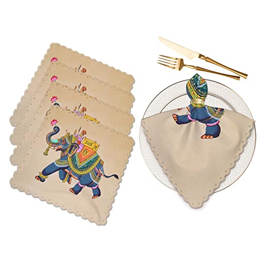 Yibeas TNC4A1098 Elephant With Jockey Cloth Napkins Dinner Table Napkins Traditional Indian Rajasthani Wall Painting Washable Reusable Napkins Set Of 4 Home Holiday Party Wedding 18 X 18 Inch cover