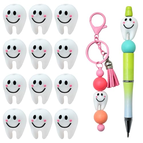 WOZADU 3D Tooth Silicone Beads for Keychain Making, 12 PCS Silicone Focal Beads for Pen, Loose Beads for Bracelet Necklace Lanyard Jewelry and Handmade Crafts Making