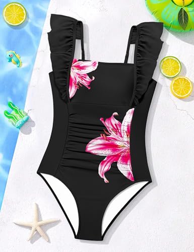 Image of NECIOUS Girls Swimsuit Ruffle Adjustable Straps One Piece Bathing Suit Solid Color Ruched Girls' Swimwear 9-16Y