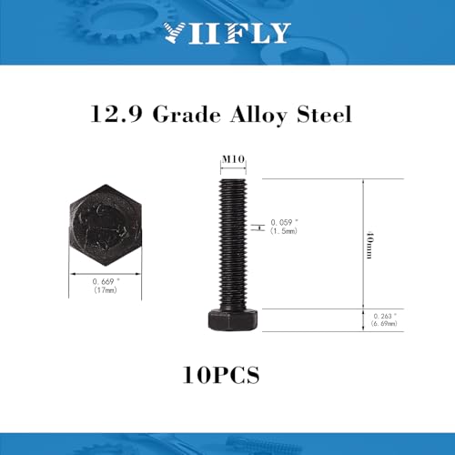 Image of M10x1.5 x 40mm Hex Head Screws Bolts, 12.9 Grade Alloy Steel, Hexagon Head Bolts, Black Oxide Finish, Full Thread, Quantity 10