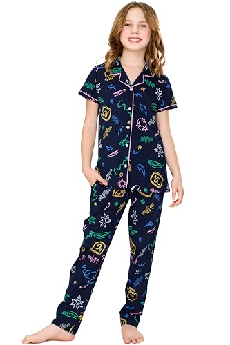 Image of ZEYO Night Suit for Girl's Printed Cotton Night Dress of Shirt and Joggers Set 5532