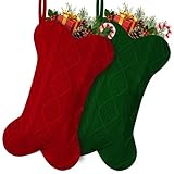 GOYOSWA 2 Pack Dog Christmas Stocking, 18 Inch Large Double Side Knitted Christmas Stocking for Dogs, Bone Shaped Hanging Dog Stockings for Dogs Pets (Red & Green)