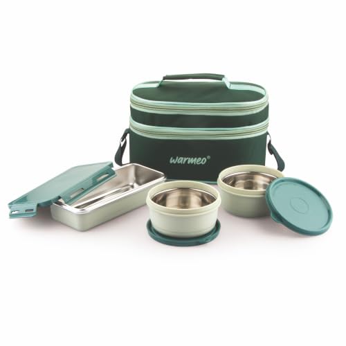 Image of WARMEO Micro Meal Microwave Safe Lunch Box | 1 Rectangular Container 600ml + 2 Round Container 350ml Each | BPA Free I Stylish Durable Jacket I Ideal for Office,School,Outdoor, Picnic,Green