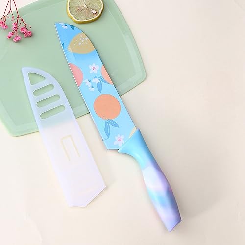 Image of Color Printed High Carbon Stainless Steel Santoku Chef's Knife with Blade Cover, (Fruit Blue)