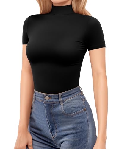 MANGOPOP Women's Turtleneck Mock Neck Shirt Double Lined Long Sleeve Short Sleeve Tops for Women Basic T Shirts Tight Tee2