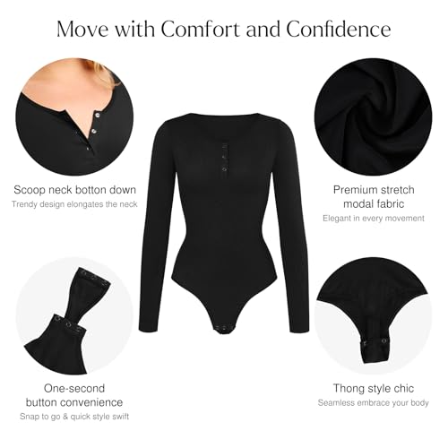 Image of Popilush Long Sleeve Shapewear Bodysuit Tummy Control Henley Button Up Modal Scoop Neck Body Suit Tank Tops