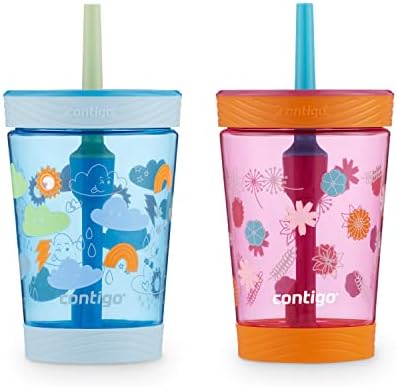 Contigo Kids Spill-Proof 14oz Tumbler with Straw and BPA-Free Plastic, Fits Most Cup Holders and Dishwasher Safe, 2-Pack Dragonfruit Wildflowers & Blue Poppy Clouds