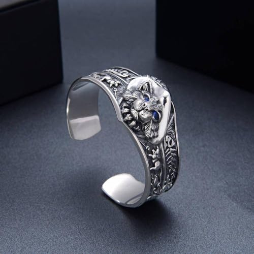 Bracelet chat argent S925 ajustable à large jonc rigide - 5